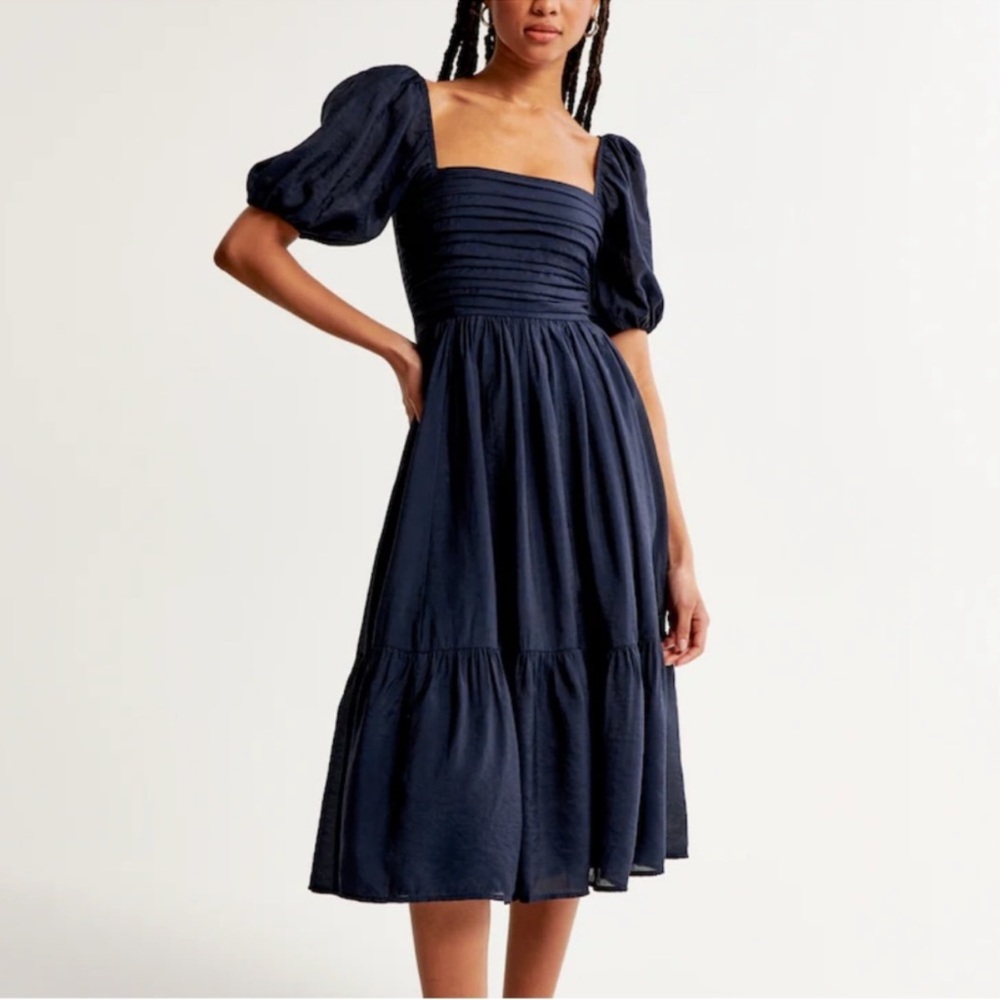 Emerson Poplin Puff Sleeve Midi Dress in navy. NWOT